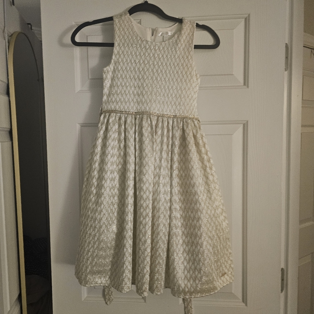 Tahari Ivory Kids Dress with Gold Accents Size 7